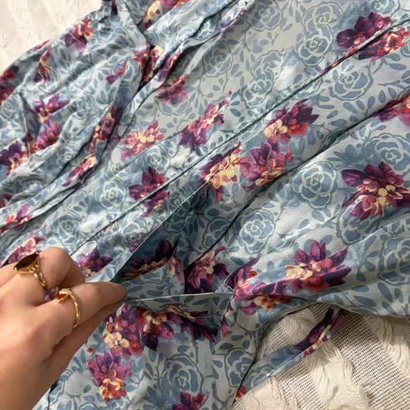 100% Silk Kimono Robe - M Blue Floral Boho Peasant Cottagecore Vacay Beachy - Picture 8 of 10